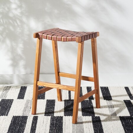 Safavieh 20 x 18.5 x 30 in. Abreu Rectangle Barstool with Cognac Leather & Natural Wood BST1012F